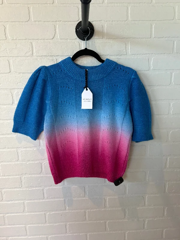 Women's Shimmer Denim Pullovers-Sweater Short Sleeve By English Factory In Blue & Pink, Size: M