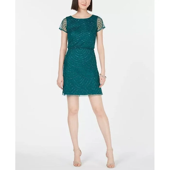 Women's Casual Formal Dresses-Adrianna Papell Women's Hand-Beaded Blouson Sheath Dress Dark Green Size 6