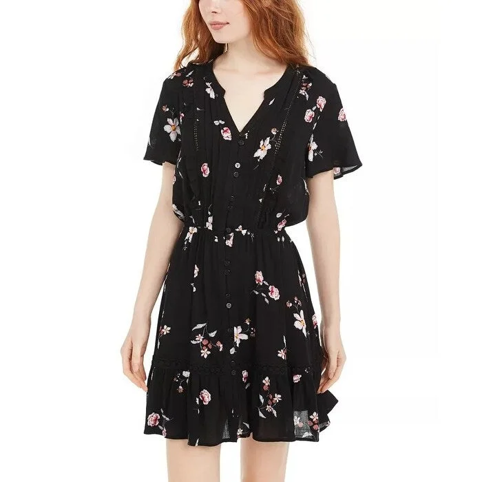 Women's Casual Dressy Dresses-American Rag Juniors' Floral-Print Pintuck Dress Black Size Medium