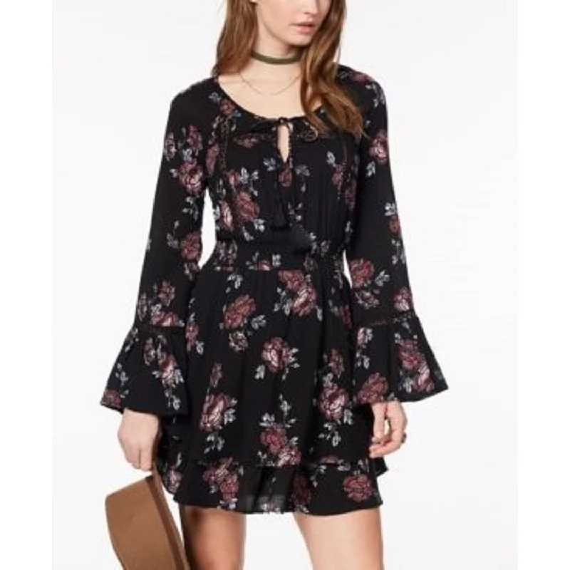 Women's Casual Boho Dresses-American Rag Juniors' Ruffled Floral-Print Peasant Dress Black Size Medium