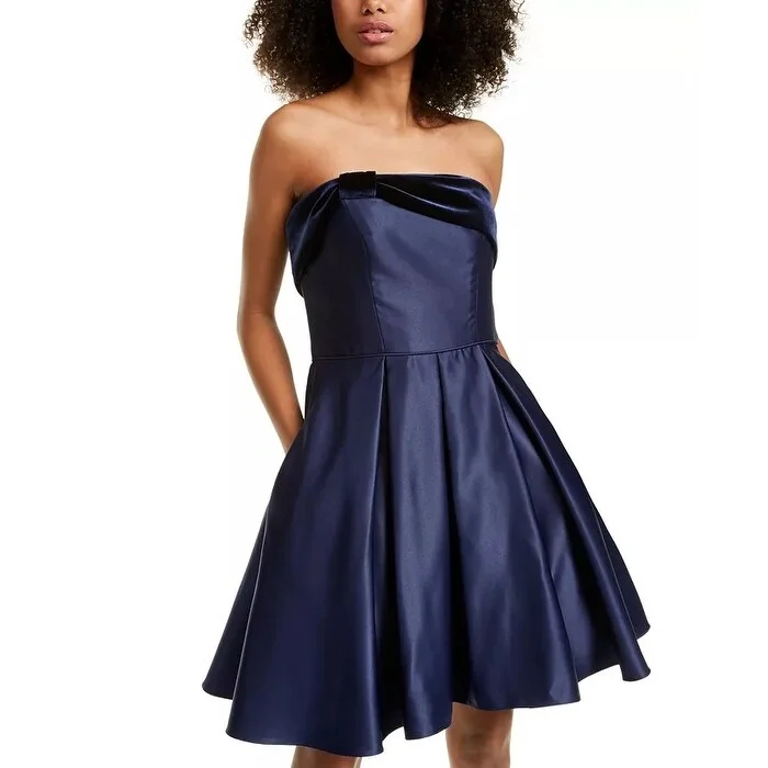 Women's Casual Shopping Dresses-Blondie Nites Junior's Strapless Velvet & Satin Dress Navy Size 1