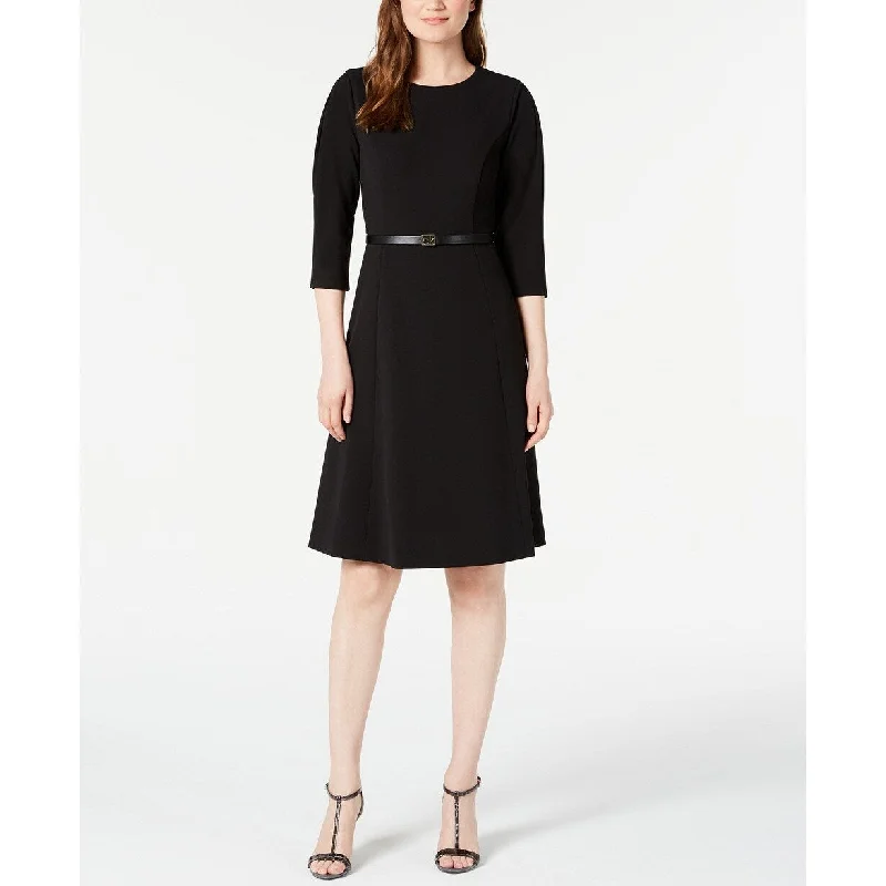 Women's Casual Henley Dresses-Calvin Klein Women's Belted Pleated-Sleeve Dress Black Size 4