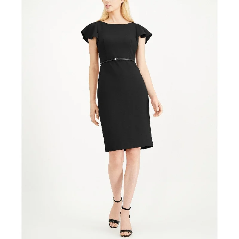 Women's Casual Park Print Dresses-Calvin Klein Women's Belted Ruffle-Sleeve Sheath Dress Black Size 2