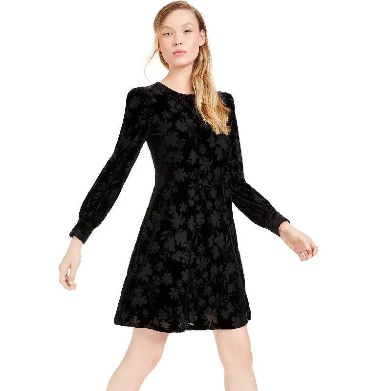 Women's Casual Wrap Dresses-Calvin Klein Women's Burnout Velvet Pattern A-Line Dress Black Size 14