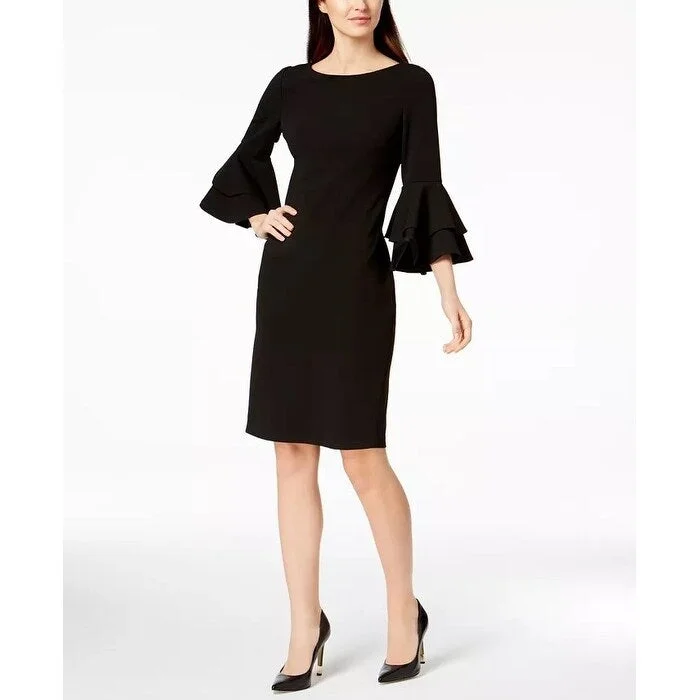 Women's Casual Concert Solid Color Dresses-Calvin Klein Women's Double Tier Bell Sleeve Sheath Dress Black Size 4