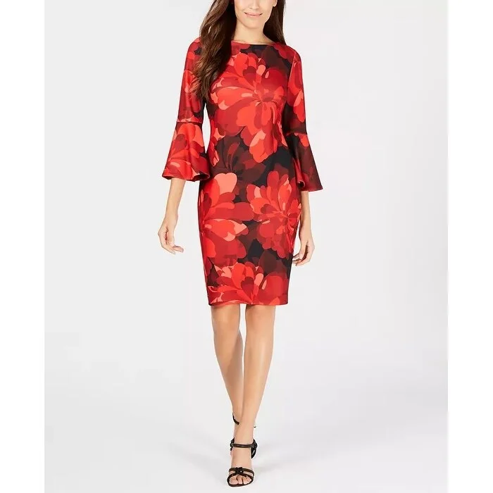 Women's Casual Fitted Dresses-Calvin Klein Women's Floral Bell Sleeve Sheath Dress Red Size 14