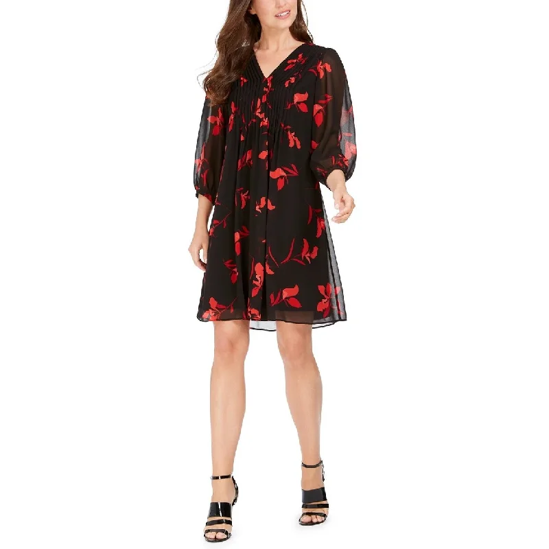 Women's Casual Lounge Dresses-Calvin Klein Women's Floral-Print Pleated Chiffon Dress Red Size 0