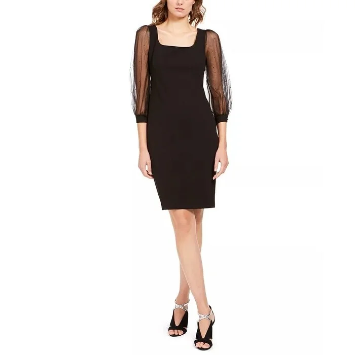 Women's Casual Friends Gathering Dresses-Calvin Klein Women's Illusion-Sleeve Dress Black Size 8