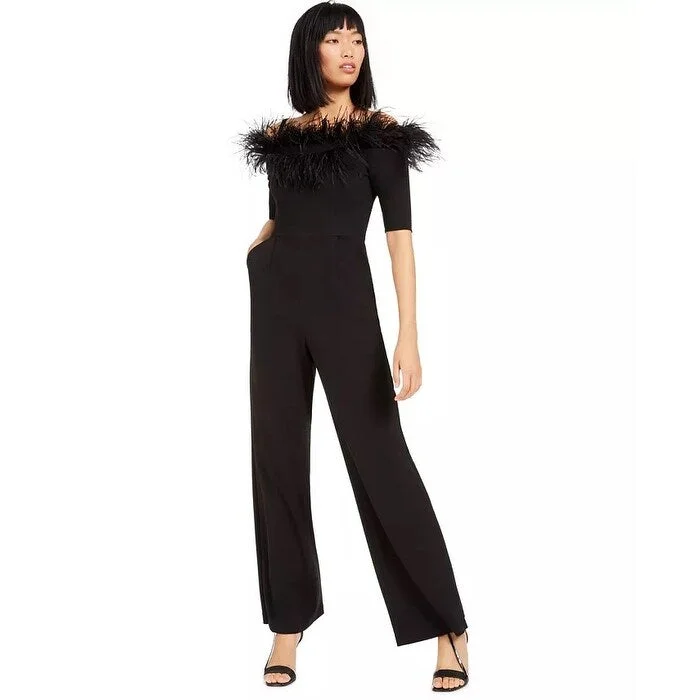 Women's Casual Belted Dresses-Calvin Klein Women's Off-The-Shoulder Feather Jumpsuit Black Size 10