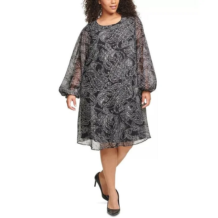 Women's Casual Breezy Dresses-Calvin Klein Women's Paisley-Print Chiffon Trapeze Dress Gray Size PS - Small-Petite