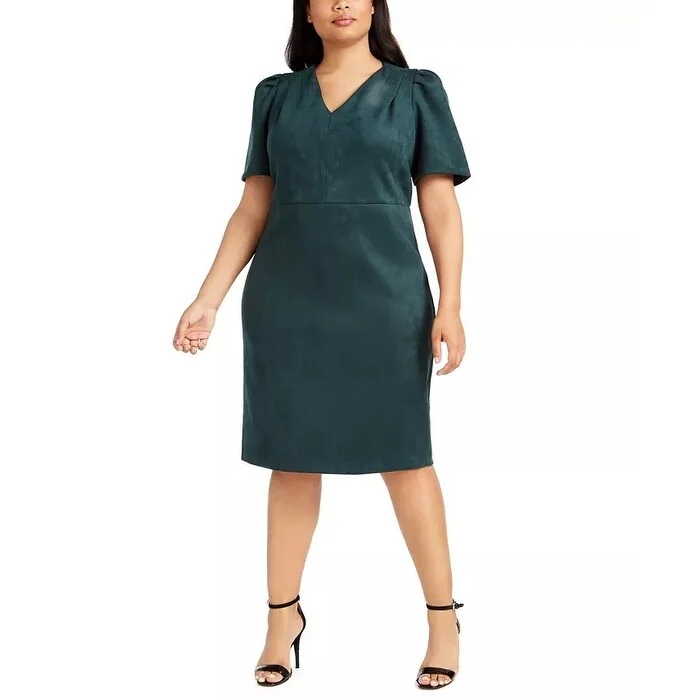 Women's Casual Maxi Solid Color Dresses-Calvin Klein Women's Plus Size Puff-Sleeve Faux-Suede Dress Green Size 22