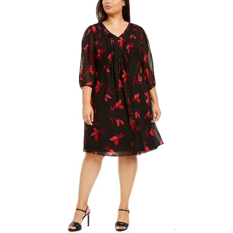 Women's Casual Flare Sleeve Dresses-Calvin Klein Women's Plus Size Red Floral Babydoll Dress Red Size 16W