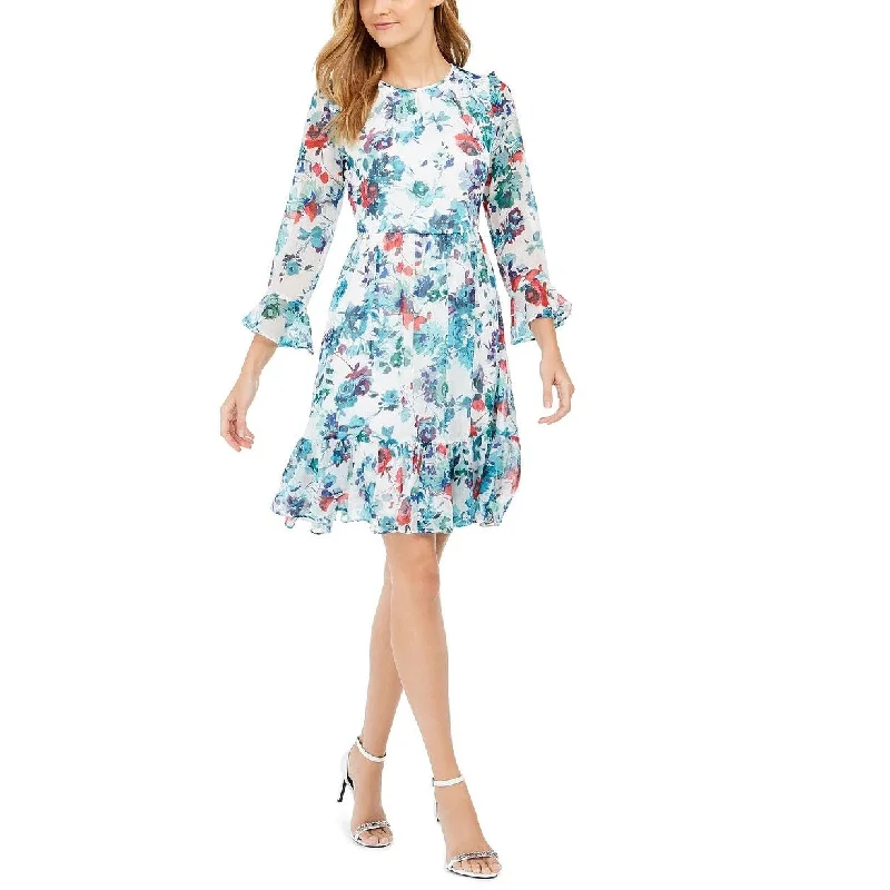 Women's Casual Ruffle Sleeve Dresses-Calvin Klein Women's Printed Bell-Sleeve A-Line Dress Blue Size 14