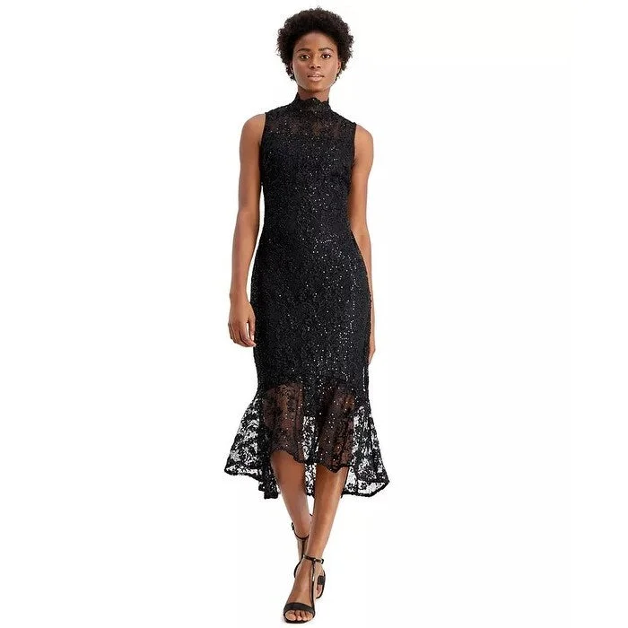 Women's Casual Day Dresses-Calvin Klein Women's Sequin Lace High-Low Sheath Dress Black Size 6