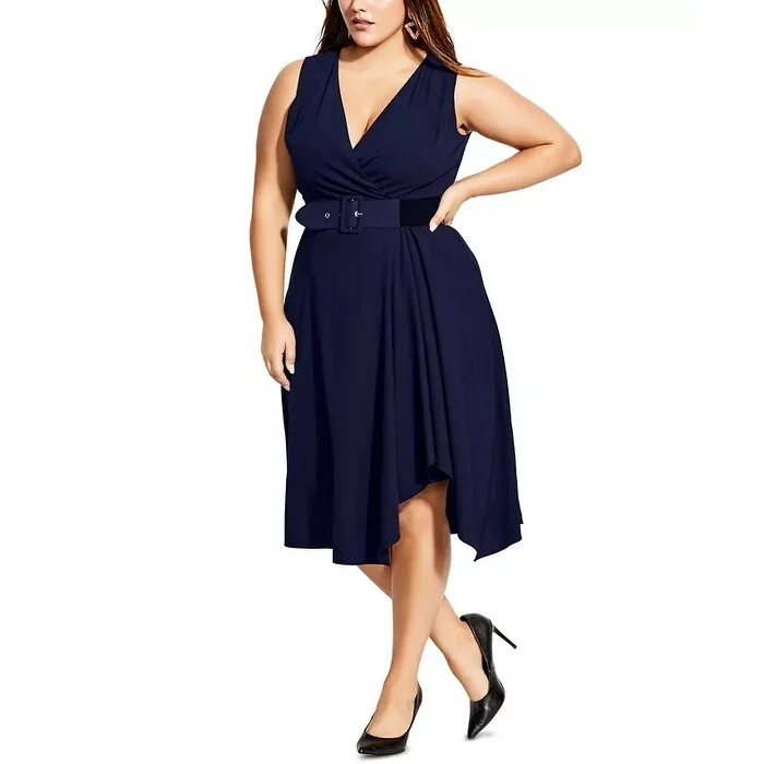 Women's Casual Ruched Dresses-City Chic Women's Trendy V Neck Faux Wrap Dress Blue Size Petite Small - Petite Small