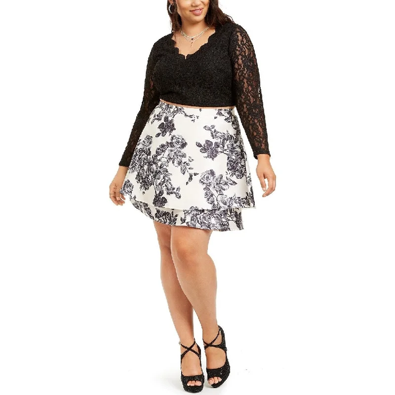 Women's Casual Belted Dresses-City Studios Women's Plus Size 2-Pc. Glitter Lace & Floral-Print Dress Black/Ivory Size 18