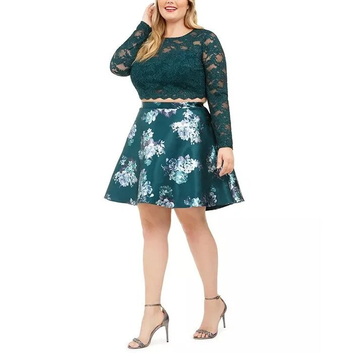 Women's Casual Midi Solid Color Dresses-City Studios Women's Trendy Lace & Floral-Print Dress Dark Green Size 24