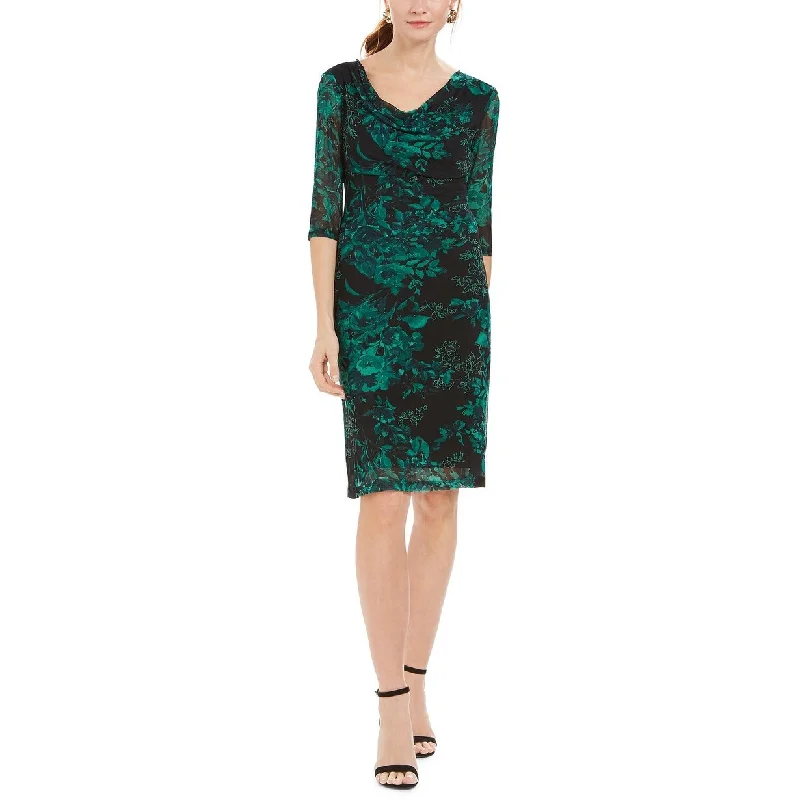 Women's Casual Tie-Front Dresses-Connected Women's Petite Printed Cowl-Neck Dress Green Size 8