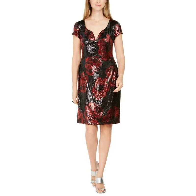 Women's Casual Shirt Print Dresses-Connected Women's Sequined Floral Print Dress Red Size 16