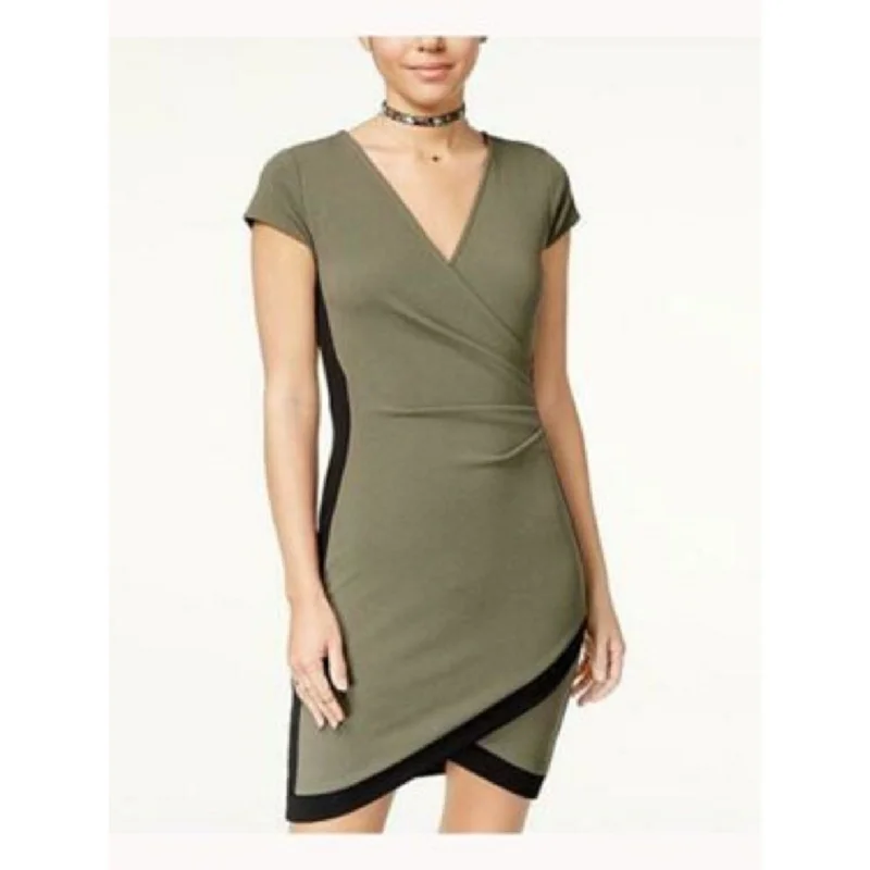 Women's Casual Flare Sleeve Dresses-Crave Fame Juniors' Framed Wrap Dress Dark Green Size Extra Small