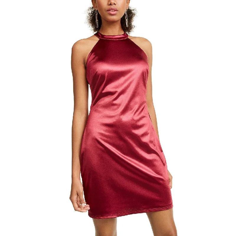 Women's Casual Travel Dresses-Crystal Doll Junior's Strappy Satin Halter Dress Wine Size 13