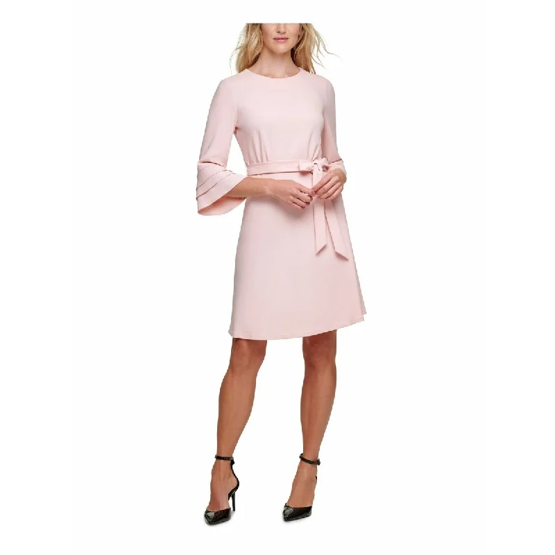 Women's Casual Button-Down Dresses-DKNY Women's Belted Fluted Sleeve Dress Pink Size 4