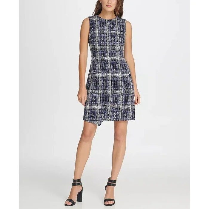 Women's Casual Family Gathering Dresses-DKNY Women's Tweed Logo Button Sheath Dress Blue Size 14