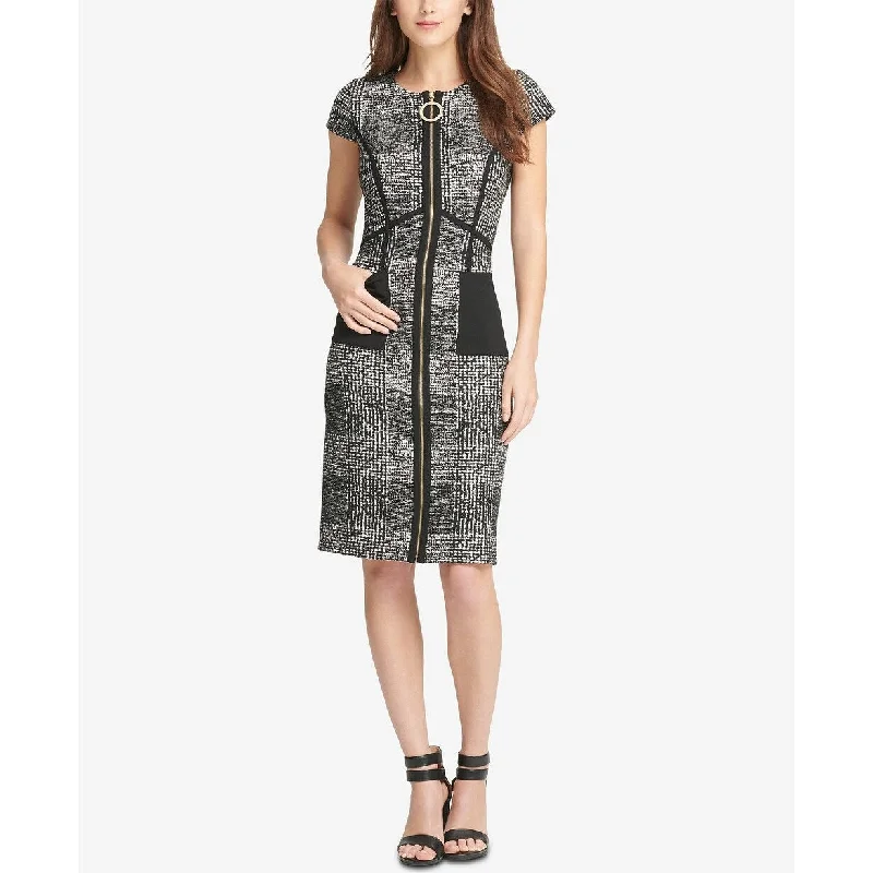 Women's Casual Drop Waist Dresses-DKNY Women's Zip-Front Tweed Sheath Dress Black Size 8