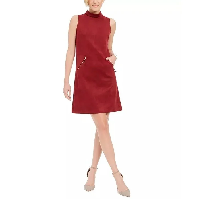 Women's Casual Festival Solid Color Dresses-Donna Ricco Women's Faux-Suede Mock-Neck Sheath Dress Red Size 14