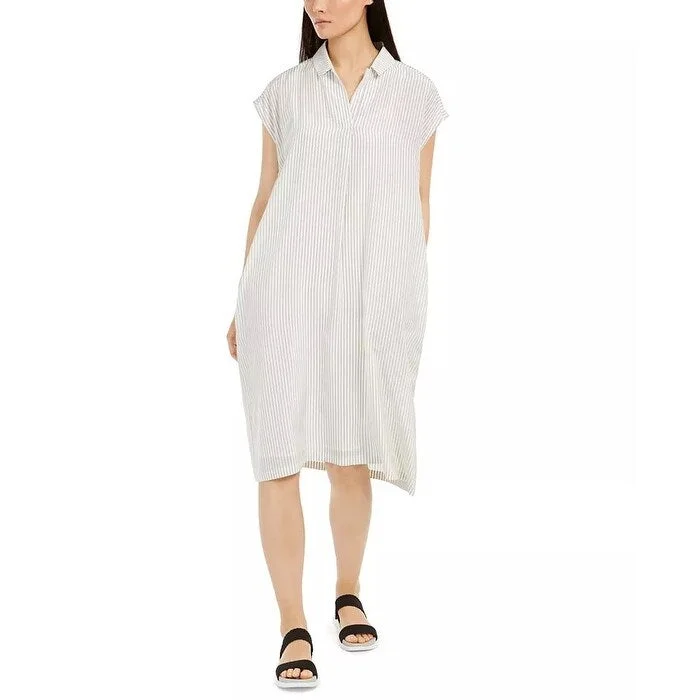 Women's Casual Swing Floral Dresses-Eileen Fisher Women's Stripe Silk Shirtdress Beige Size Small