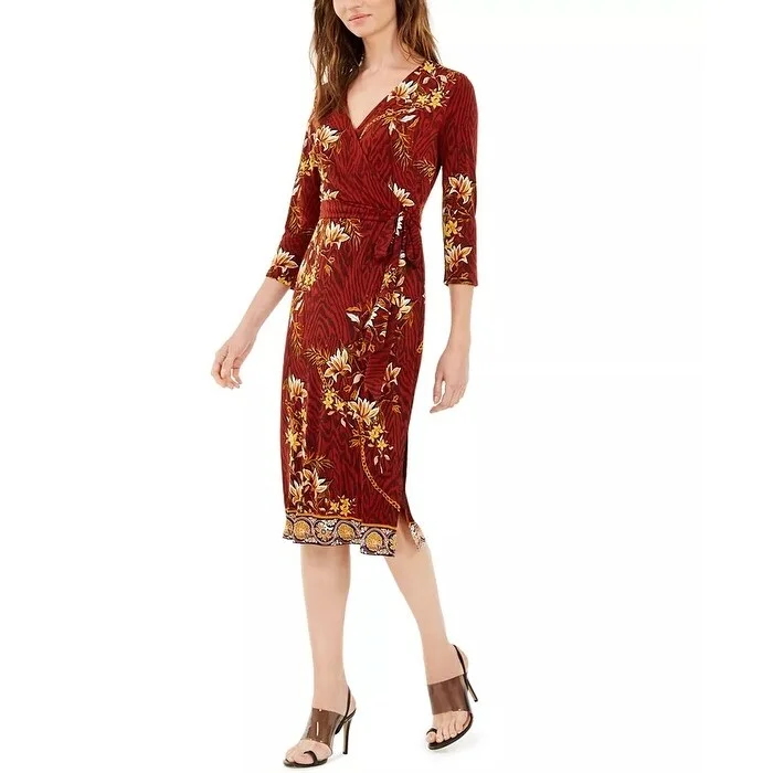 Women's Casual Office Dresses-INC International Concepts Women's Paisley Wrap Dress Medium Red Size X-Large