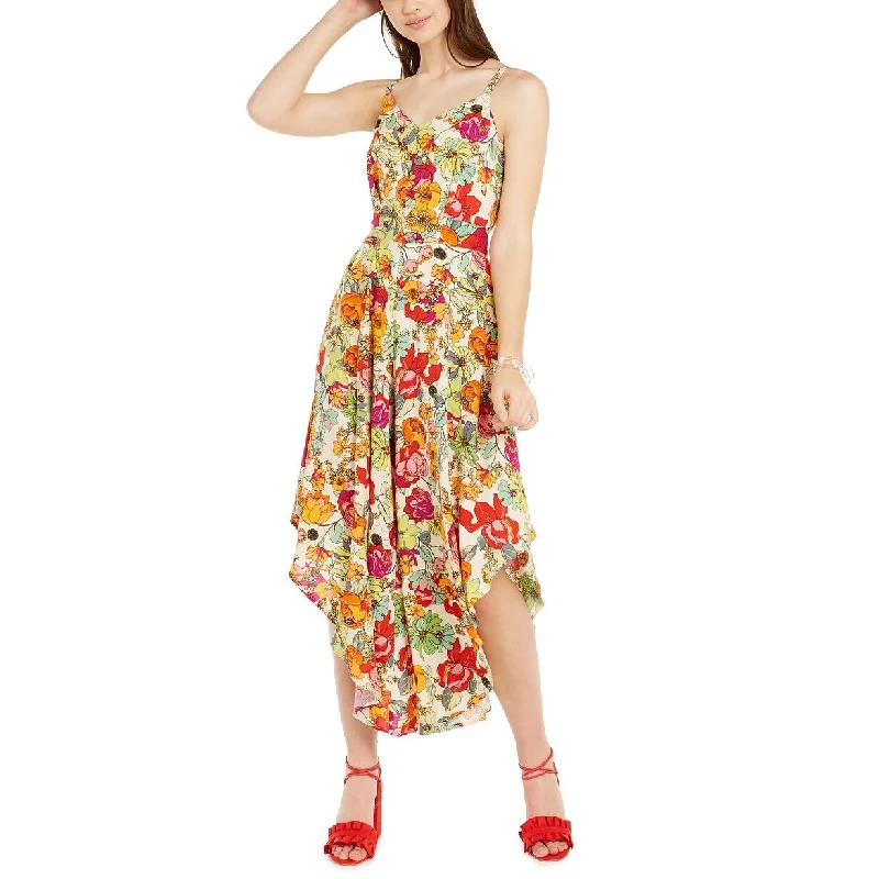 Women's Casual Halter Dresses-Just Hanging Juniors' Floral-Print Asymmetrical-Hem Cropped Jumpsuit Pink Size Extra Large