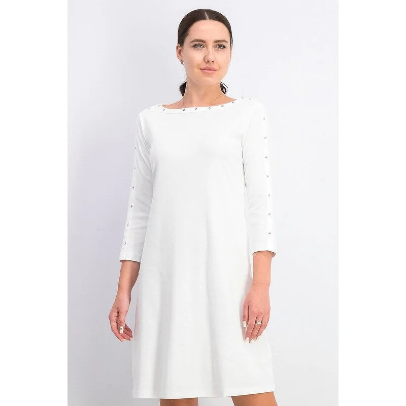 Women's Casual Garden Party Dresses-Karen Scott Women's Cotton Studded Swing Dress White Size Large