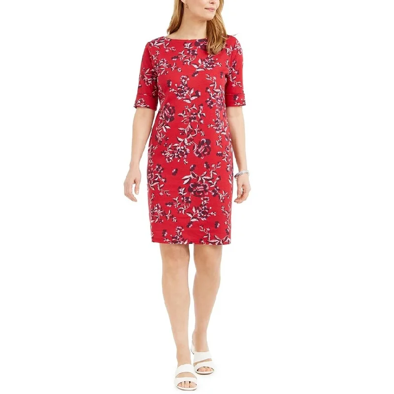 Women's Casual Knotted Dresses-Karen Scott Women's Printed Boat-Neck Dress Bright Red Size X-Small