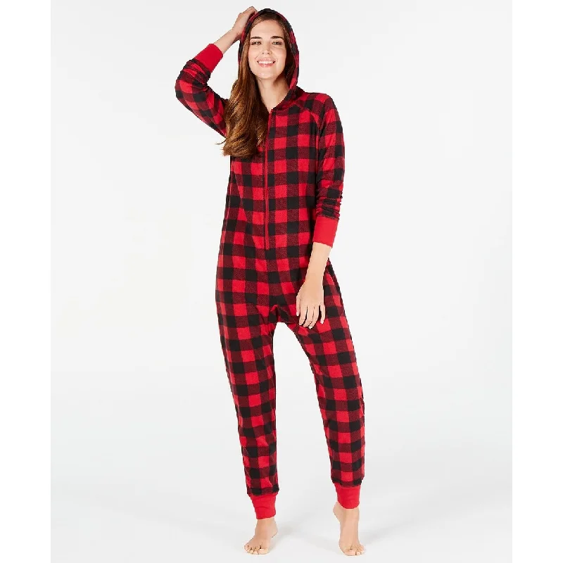 Women's Casual Cookout Dresses-Matching Family Pajamas Women's Buffalo-Check Hooded Pajamas Red Size Small