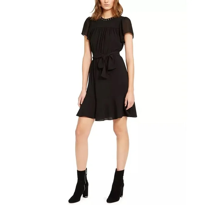 Women's Casual Mini Solid Color Dresses-Michael Kors Women's Embellished Sheer Sleeve Dress Black Size Petite