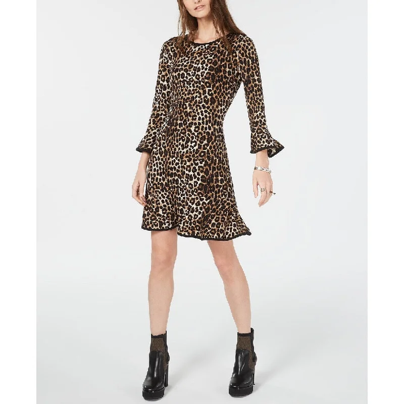 Women's Casual Cookout Dresses-Michael Kors Women's Leopard Print Bell-Sleeve Dress Brown Size Small