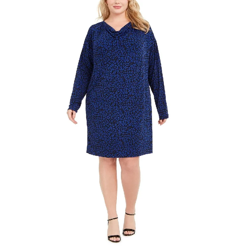 Women's Casual Night Out Dresses-Michael Kors Women's Plus Size Animal-Print Cowlneck Dress Blue Size 2 Extra Large