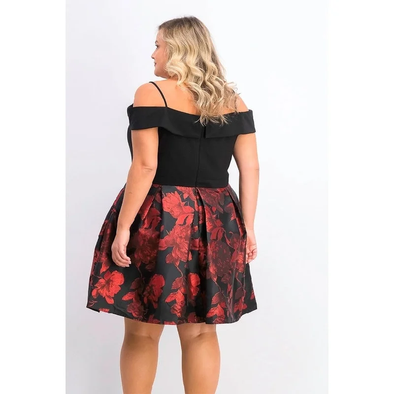 Women's Casual Midi Floral Dresses-Morgan & Company Women's Plus Size Trendy Off-The-Shoulder Dress Black Size 18