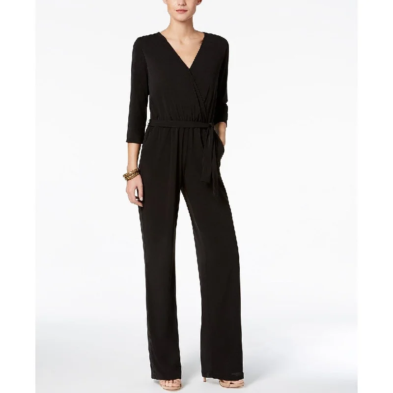 Women's Casual Light Dresses-NY Collection Women's Petite Belted Jumpsuit Black Size X-Small