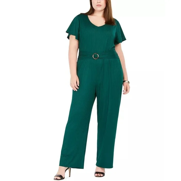 Women's Casual Strapless Dresses-NY Women's Collection Plus Size Ribbed Belted Jumpsuit Dark Green Size 3X