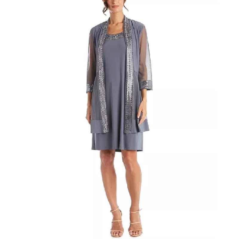 Women's Casual Stretch Dresses-R & M Richards Women's Petite Embellished Dress & Jacket Gray Size 4 P