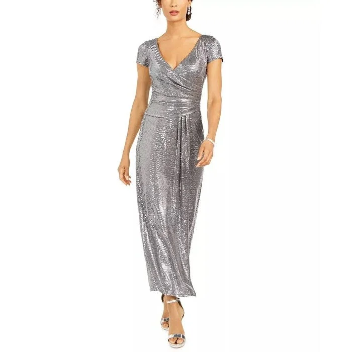 Women's Casual Hoodie Dresses-R & M Richards Women's Sequined Draped Sheath Dress Silver Size 1