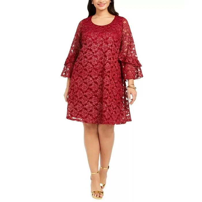 Women's Casual Breezy Dresses-Robbie Bee Women's Plus Bell Sleeve Lace Dress Red Size 1X