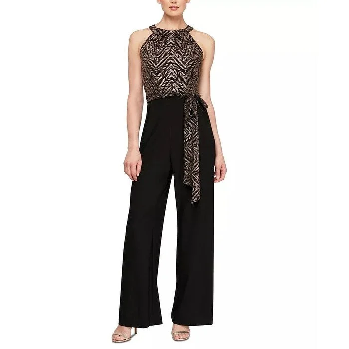 Women's Casual Park Floral Dresses-SL Fashions Women's Belted Metallic Jumpsuit Black Size 12