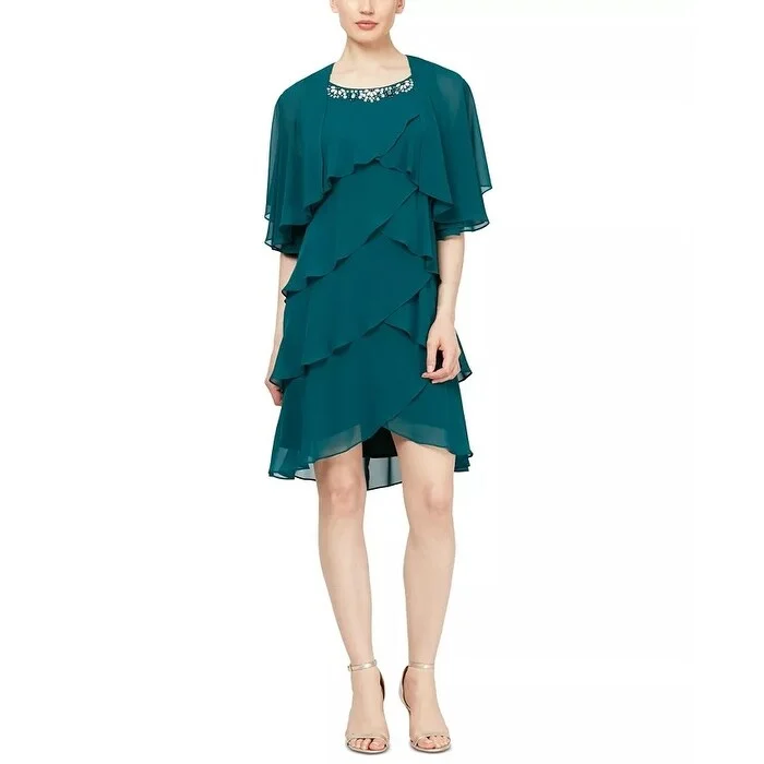 Women's Casual T-Shirt Dresses-SL Fashions Women's Embellished Tiered Chiffon Dress & Capelet Green Size 16