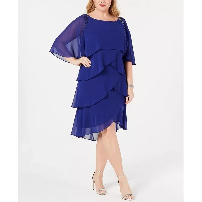 Women's Casual Work Dresses-SL Fashions Women's Plus Size Embellished Tiered Capelet Dress Blue Size Petite Small - Petite Small