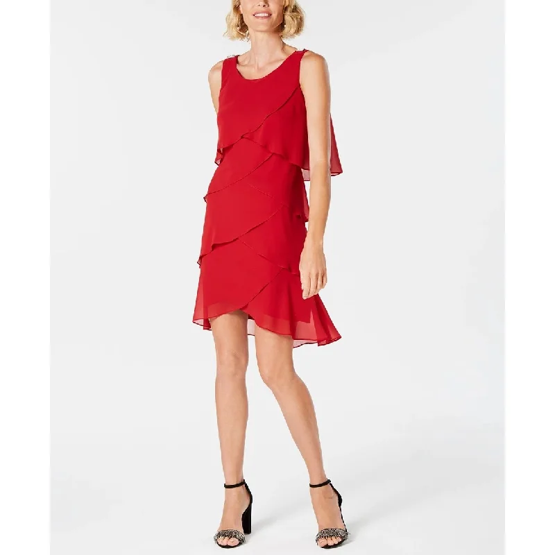 Women's Casual Embroidered Dresses-SL Fashions Women's Tiered Chiffon Dress Red Size 16