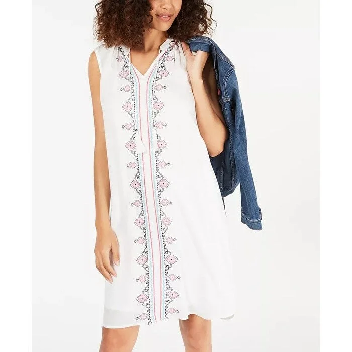 Women's Casual Tie-Front Dresses-Style & Co Women's Embroidered Tassel Tie Dress White Size Medium