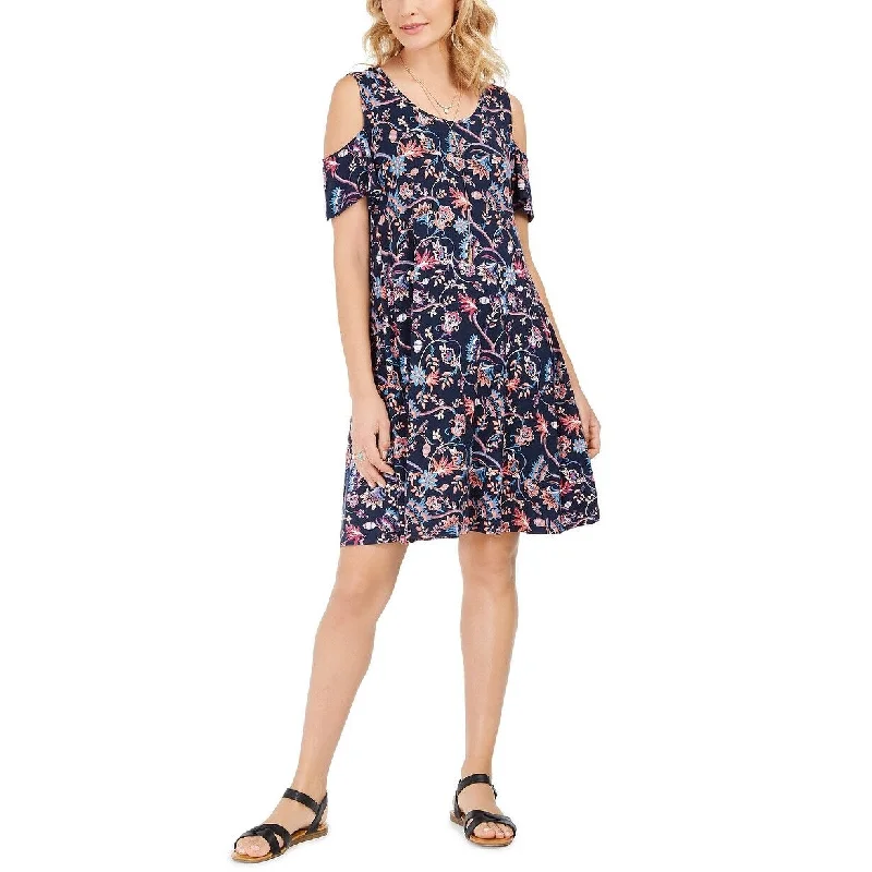 Women's Casual Solid Color Dresses-Style & Co Women's Printed Cold-Shoulder Swing Dress Navy Size X-Large